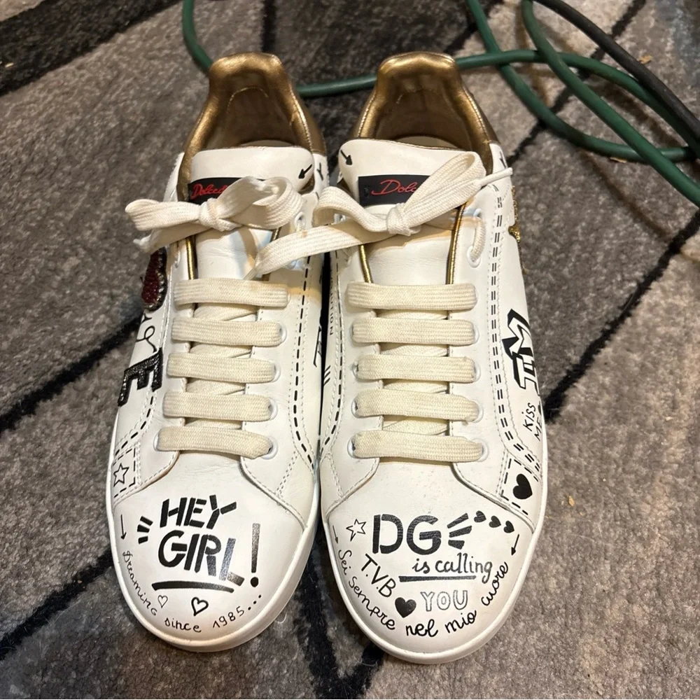 Dolce & Gabbana White Graphic Leather Lace-Up Sneakers with Red Heart - Picture 4 of 4
